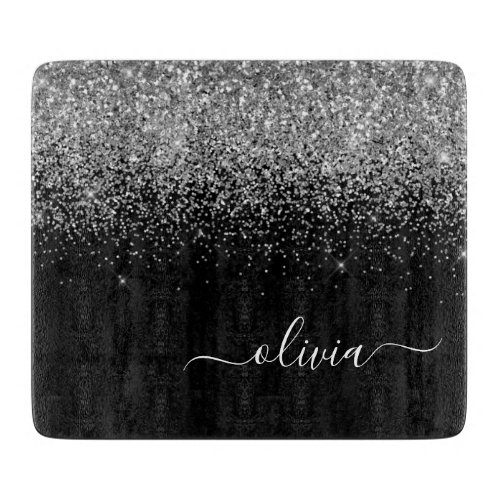 Silver Black Glitter Script Monogram Girly Name Cutting Board