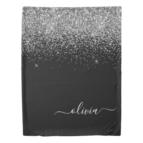 Silver Black Glitter Script Monogram Girly Name Duvet Cover