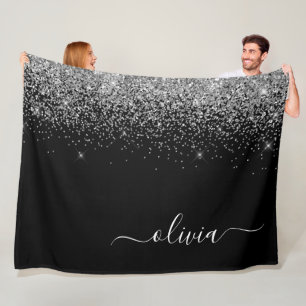 Silver Black Glitter Script Monogram Girly Name Fleece Blanket