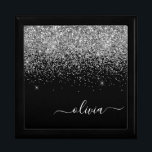 Silver Black Glitter Script Monogram Girly Name Gift Box<br><div class="desc">Black and Silver Sparkle Glitter script Monogram Name Jewelry Keepsake Box. This makes the perfect graduation,  birthday,  wedding,  bridal shower,  anniversary,  baby shower or bachelorette party gift for someone that loves glam luxury and chic styles.</div>