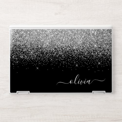 Silver Black Glitter Script Monogram Girly Name HP Laptop Skin