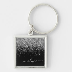 Silver Black Glitter Script Monogram Girly Name Keychain