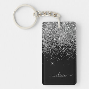 Silver Black Glitter Script Monogram Girly Name Keychain