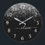 Silver Black Glitter Script Monogram Girly Name Large Clock<br><div class="desc">Black and Silver Sparkle Glitter Brushed Script Monogram Name Clock. This makes the perfect sweet 16 birthday,  wedding,  bridal shower,  anniversary,  baby shower or bachelorette party gift for someone that loves glam luxury and chic styles.</div>