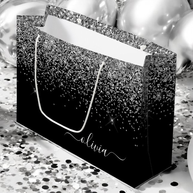Silver Black Glitter Script Monogram Girly Name Large Gift Bag (Creator Uploaded)