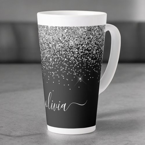 Silver Black Glitter Script Monogram Girly Name Latte Mug