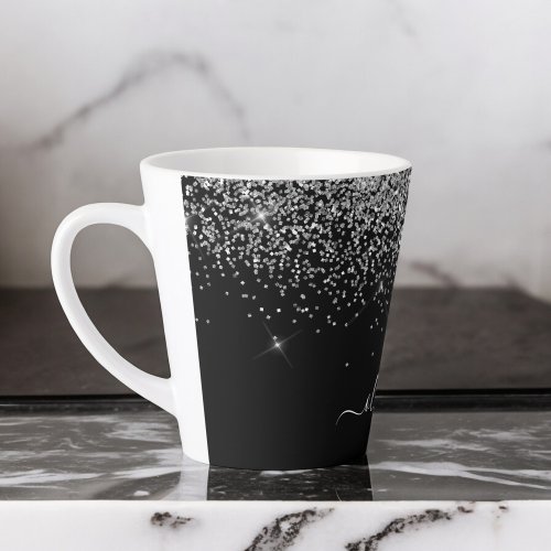 Silver Black Glitter Script Monogram Girly Name Latte Mug