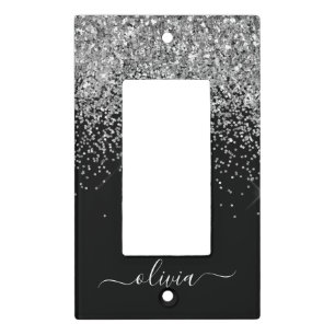 Silver Black Glitter Script Monogram Girly Name Light Switch Cover