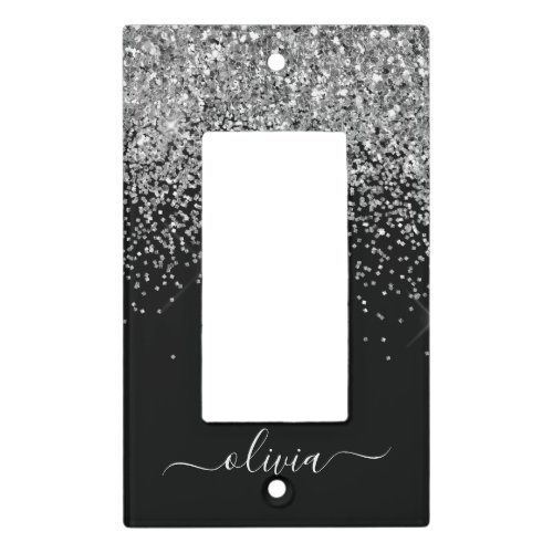 Silver Black Glitter Script Monogram Girly Name Light Switch Cover