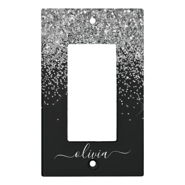 Silver Black Glitter Script Monogram Girly Name Light Switch Cover (Front)
