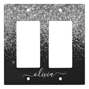 Silver Black Glitter Script Monogram Girly Name Light Switch Cover