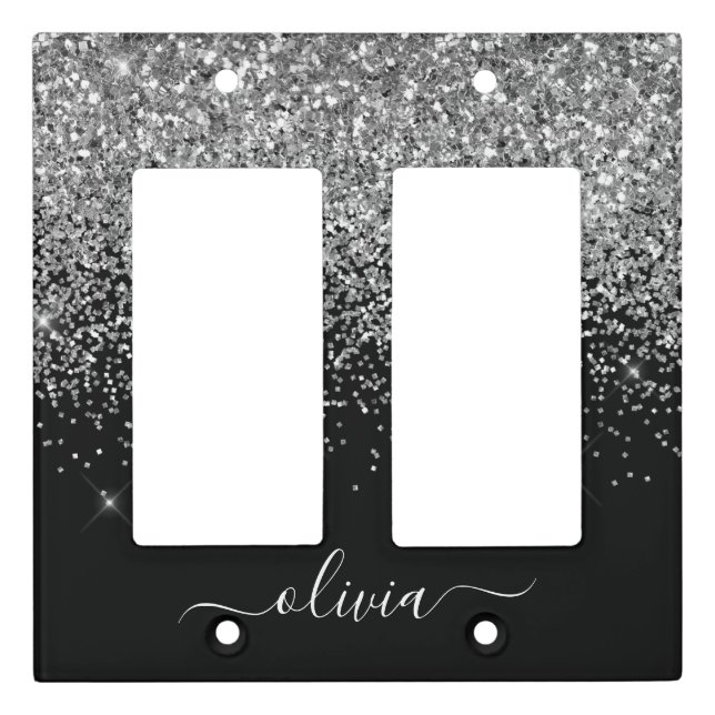 Silver Black Glitter Script Monogram Girly Name Light Switch Cover (Front)