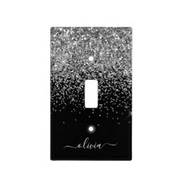 Silver Black Glitter Script Monogram Girly Name Light Switch Cover
