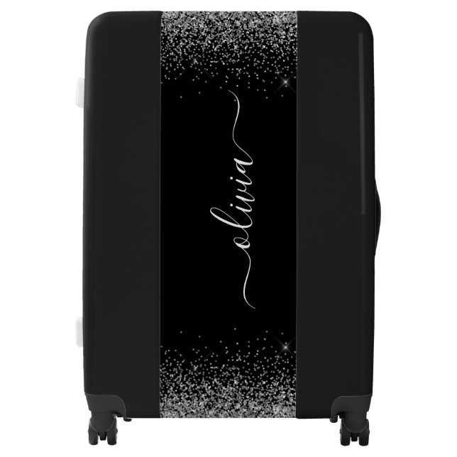 Silver Black Glitter Script Monogram Girly Name Luggage (Front)