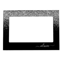 Silver Black Glitter Script Monogram Girly Name Magnetic Frame