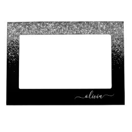 Silver Black Glitter Script Monogram Girly Name Magnetic Frame