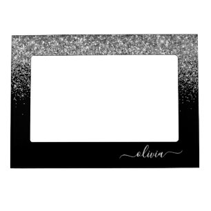 Silver Black Glitter Script Monogram Girly Name Magnetic Frame