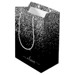 Silver Black Glitter Script Monogram Girly Name Medium Gift Bag