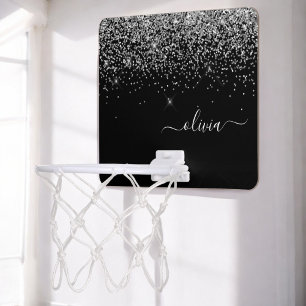 Silver Black Glitter Script Monogram Girly Name Mini Basketball Hoop