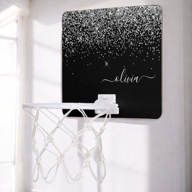 Silver Black Glitter Script Monogram Girly Name Mini Basketball Hoop (Creator Uploaded)