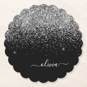 Silver Black Glitter Script Monogram Girly Name Paper Coaster