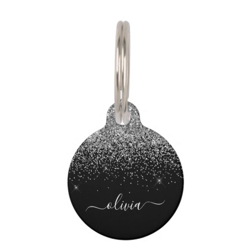 Silver Black Glitter Script Monogram Girly Name Pet ID Tag