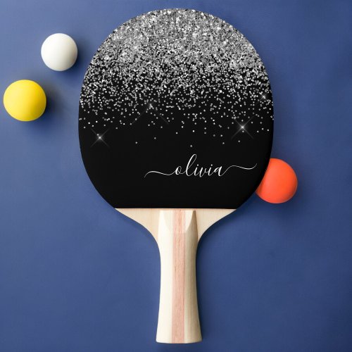 Silver Black Glitter Script Monogram Girly Name Ping Pong Paddle