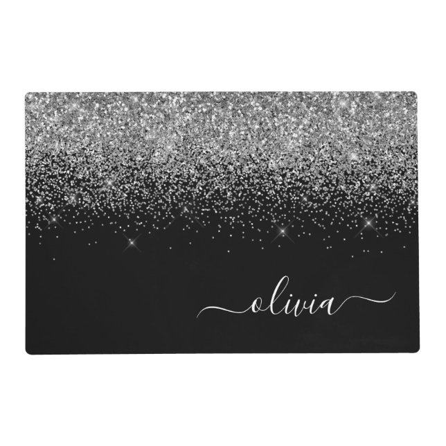 Silver Black Glitter Script Monogram Girly Name Placemat (Front)