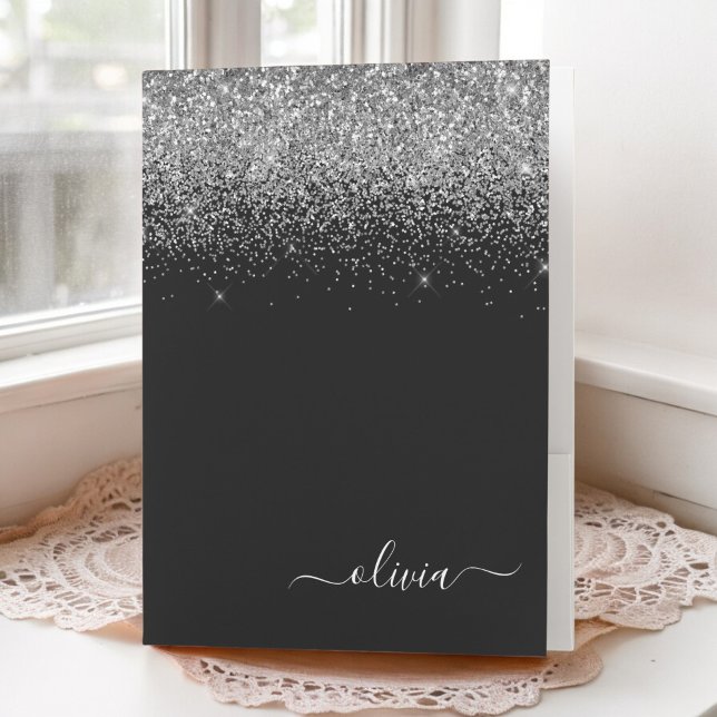 Silver Black Glitter Script Monogram Girly Name Pocket Folder (Creator Uploaded)