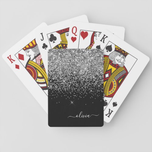 Silver Black Glitter Script Monogram Girly Name Poker Cards