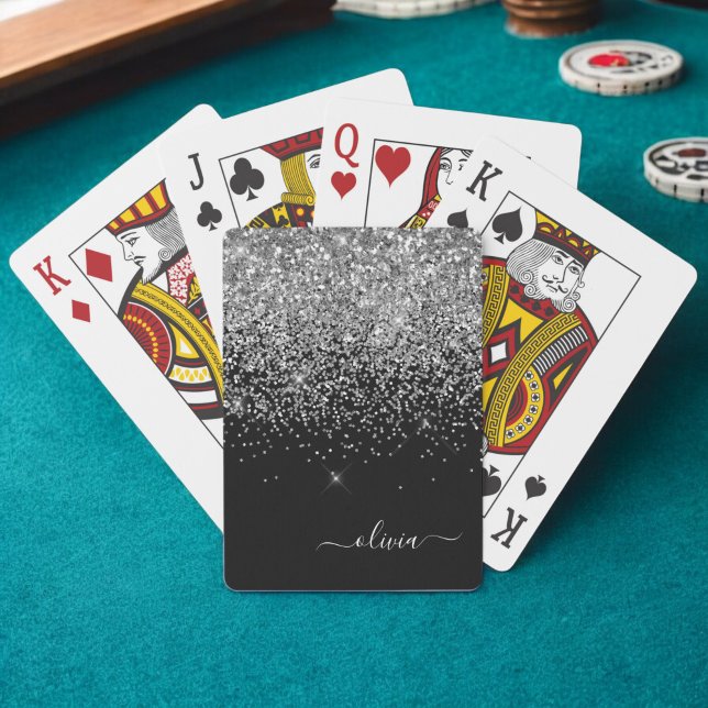 Silver Black Glitter Script Monogram Girly Name Poker Cards (Creator Uploaded)