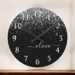 Silver Black Glitter Script Monogram Girly Name Round Clock<br><div class="desc">Black and Silver Sparkle Glitter Brushed Script Monogram Name Clock. This makes the perfect sweet 16 birthday,  wedding,  bridal shower,  anniversary,  baby shower or bachelorette party gift for someone that loves glam luxury and chic styles.</div>