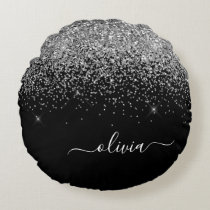 Silver Black Glitter Script Monogram Girly Name Round Pillow