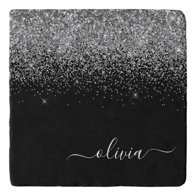 Silver Black Glitter Script Monogram Girly Name Trivet (Front)