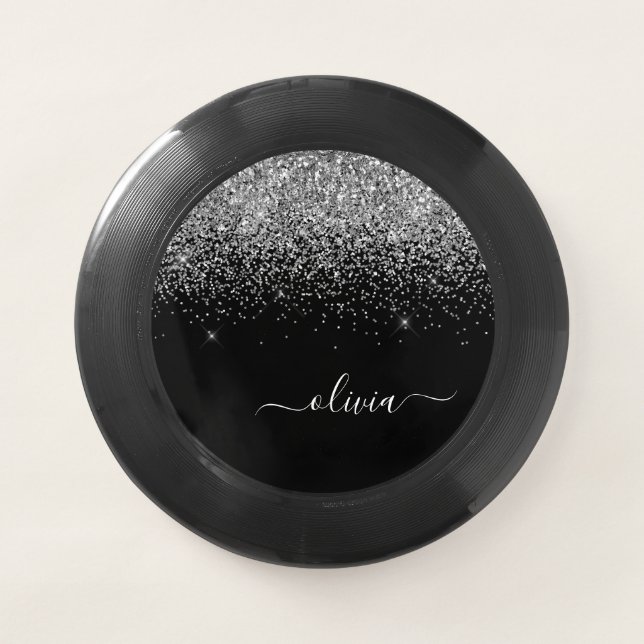 Silver Black Glitter Script Monogram Girly Name Wham-O Frisbee (Front)