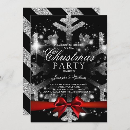 Silver Black Glitter Snowflake  Ribbon Xmas Party Invitation