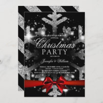 Silver Black Glitter Snowflake & Ribbon Xmas Party Invitation