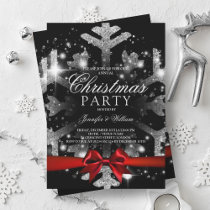 Silver Black Glitter Snowflake & Ribbon Xmas Party Invitation