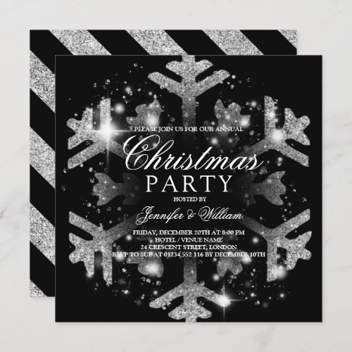 Silver Black Glitter Snowflake Xmas Holiday Party Invitation