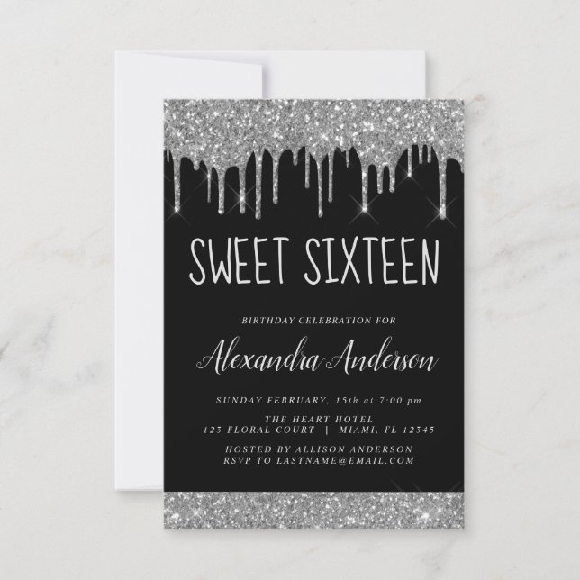 Silver Black Glitter Sparkle Elegant Sweet 16 Invitation (Front)