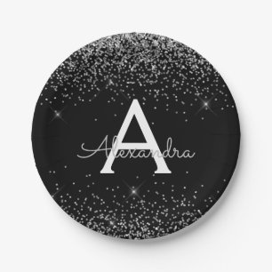 Silver Black Glitter Sparkle Monogram Birthday Paper Plates