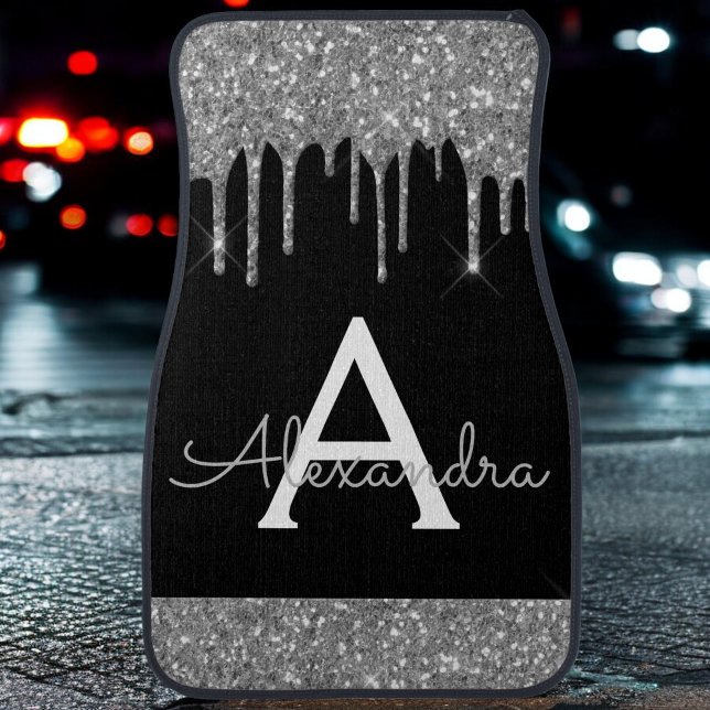 Silver Black Glitter Sparkle Monogram Car Floor Ma Mat (Creator Uploaded)