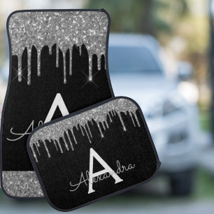 Silver Black Glitter Sparkle Monogram Car Floor Mat
