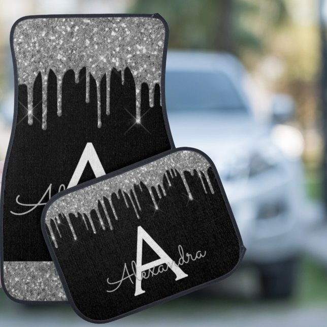 Silver Black Glitter Sparkle Monogram Car Floor Mat (Creator Uploaded)