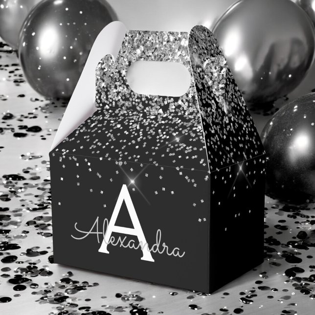 Silver Black Glitter & Sparkle Monogram Favor Boxes (Creator Uploaded)