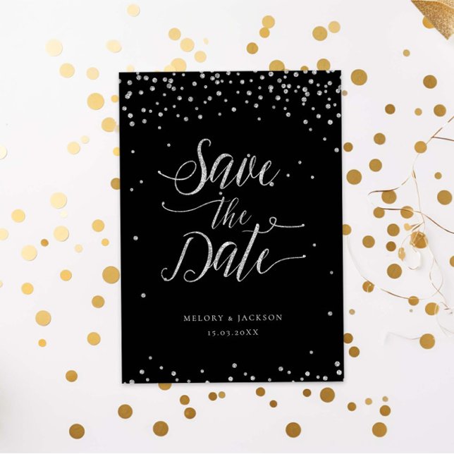 Silver black glitter sparkle save the date invitation (Creator Uploaded)