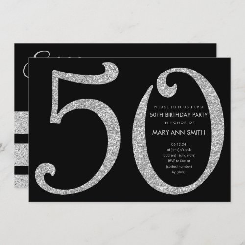 Silver Black Glitter Surprise 50th Birthday Party Invitation