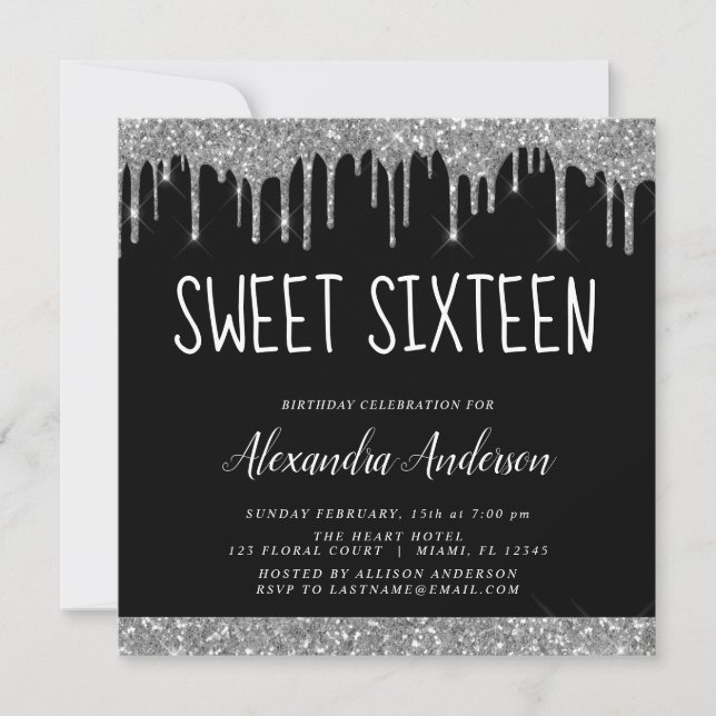 Silver Black Glitter Sweet Sixteen Birthday Invitation (Front)