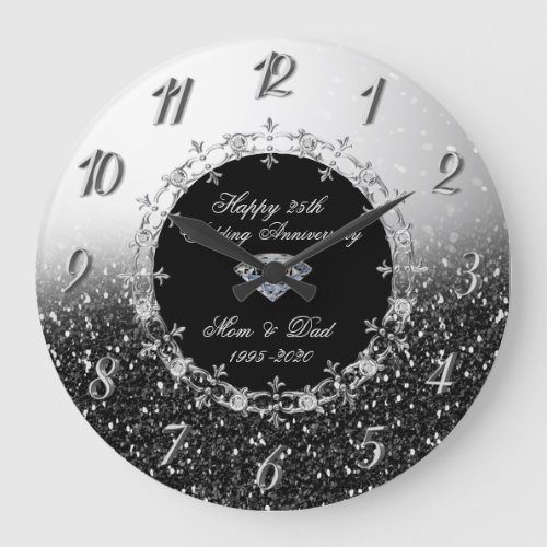 Silver Black Glittery 25th Wedding Anniversary Large Clock