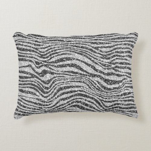 Silver Black Glitz Zebra Glitter           Accent Pillow
